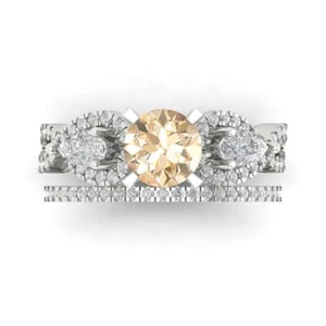 2 Round Pear 3 stone Real Morganite Wedding Statement Ring set 14k White Gold - Picture 1 of 11