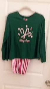 SLEEPWEAR Green Striped Candy Cane Holiday Sugar Pajama Set M 8-10 - Picture 1 of 2