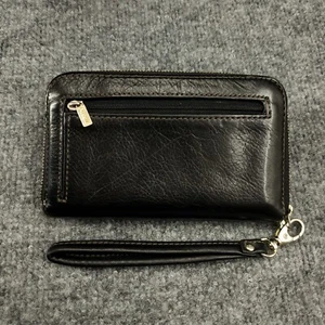 FOSSIL Clutch Wallet Black Leather Zip Around Issue No. 1954 Green Interior EUC - Picture 1 of 14