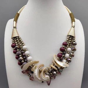 Purple Bead & Shell Mother of Pearl MOP Necklace 20" Statement Boho Chic Acrylic - Picture 1 of 8