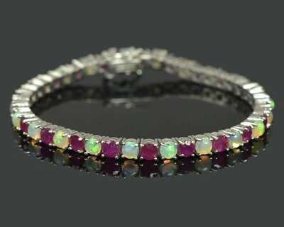 Bracciale tennis in argento sterling 925 opale di fuoco etiope naturale e pie... - Immagine 1 di 4