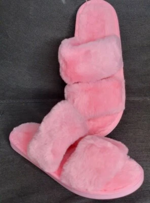 Acogedoras pantuflas suaves esponjosas de dos bandas punta abierta color rosa EE. UU. talla 6 1/2 - 7 nuevas    Foto 1 de 3