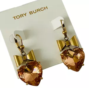 Auth NEW Tory Burch Crystal Heart & Bow Gold PAPAYA Crystal Earrings Rtl $148 - Picture 1 of 7