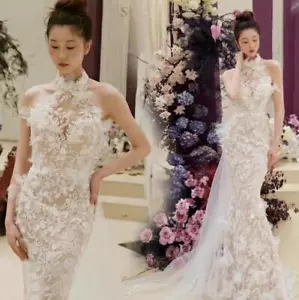 Gorgeous Lace Flowers Halterneck Bodycon Fishtail Gown Bride Wedding Dresses - Picture 1 of 10