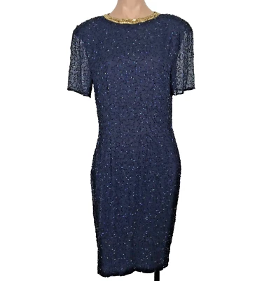 VTG 100% SILK Stunning Talbots Blue Gold Sequins Formal Dress Sz 10 $280 - Image 1 of 4