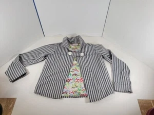 Hanna Andersson Size 140 Girls Ivory Beige Jacket Vertical Blue Lines Size 10 - Picture 1 of 9