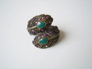 Ring Strasssteine Violett & Email Grün Blatt Motiv 7,7 g/Gr.54 - Bild 1 von 7