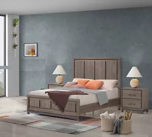 Contemporary 3Pc King Size Bed 2x Nightstand Set Brown Wood Finish Furniture - Picture 1 of 8