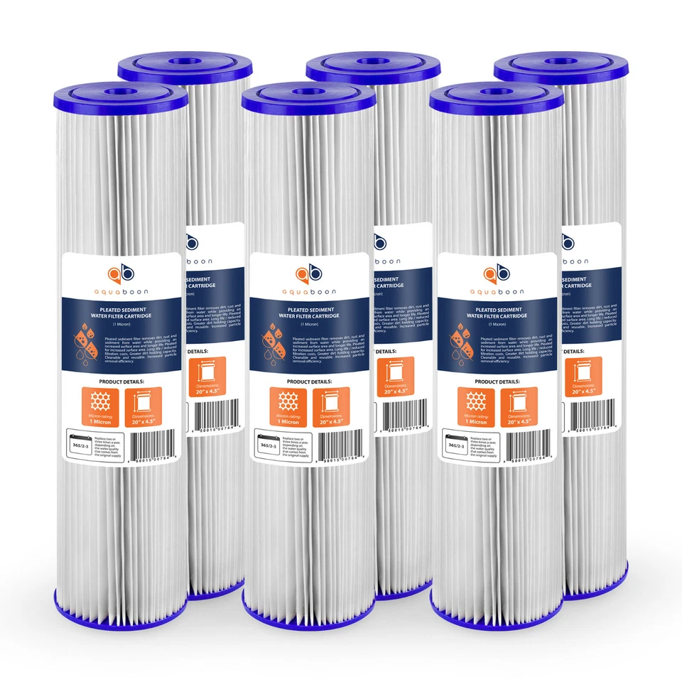 6PK of Big Blue 1µm Pleated Washable Sediment Water Filter 20"x4.5" by Aquaboon - Image 1 of 1