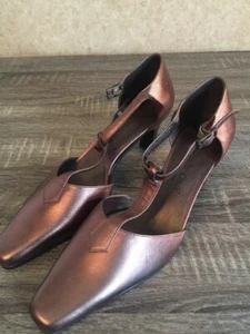 Coldwater Creek Buckle Ankle T-Strap Heels Bronze Square Toe Women's Sz 6 - Picture 1 of 5