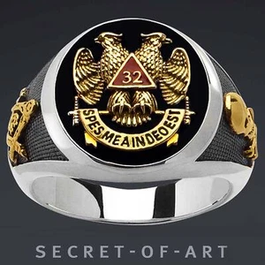 Masonic Ring Freemason Scottish Rite AASR 32nd Mason 925 Silver 24K-Gold-plated - Picture 1 of 12
