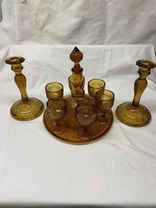 Antique Tiara,Amber Sandwich Glass,2 Candleholders , Plus Wine/ 6 Goblets On Pla - Picture 1 of 15