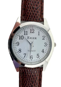 Men’s Watch Round Silver Tone w Brown band #A232 Eiger - Sealed with NEW Battery - Picture 1 of 5