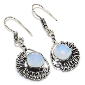 Milky Opal Gemstone Silver Plated Wire Wrap Dangle Earrings Jewelry 2" - Picture 1 of 1