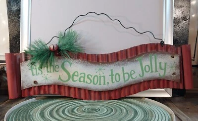 CHRISTMAS Hanging sign " Tis The Season To be Jolly" Metal, tin, wire hanger Foto 1 de 4