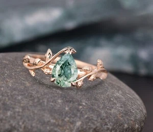 Moss Agate Engagement Ring, 925 Sterling Silver, Silver Leaf Ring, Wedding Ring - Picture 1 of 3