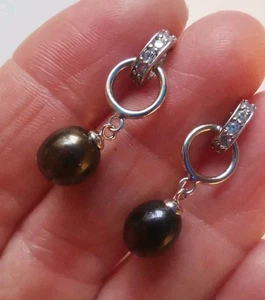 Sterling Silver GENUINE Pearl And CZ Dangle Earrings. R7M - Picture 1 of 2