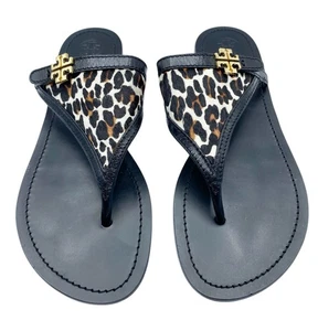 Tory Burch Calf Hair Leather Black Thong Logo Flat Leather Slide Sandals Sz-10 - Picture 1 of 6