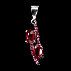 925 Sterling Silver Pendant Oval Ruby 6x4mm Ruby Diamond Cut Gemstone Jewelry - Picture 1 of 14
