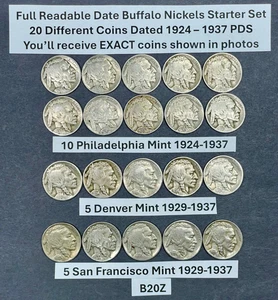 Buffalo Nickels STARTER SET of 20 Coins ~ DIFFERENT DATES 1924-1937 PDS #B20Z - Picture 1 of 5