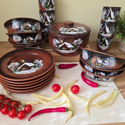 Handmade Winter Christmas Dinnerware Festive Dishes Ceramic plates set of 19 pcs - Image 1 of 4