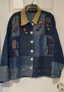 Vintage Damen gesteppte Patchwork Jeansjacke Größe 1X bestickt Blätter Knopfleiste - Bild 1 von 7