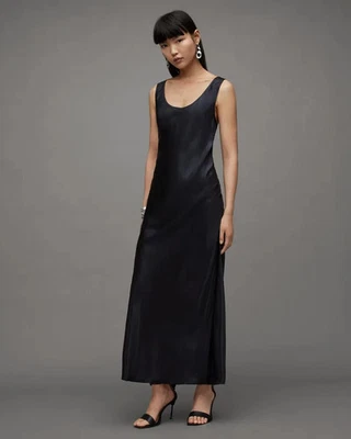AllSaints Cody Maxi Slip Dress Size 10 Black Metallic Sheen Sleeveless RRP £139 — 第 1/4 张图片