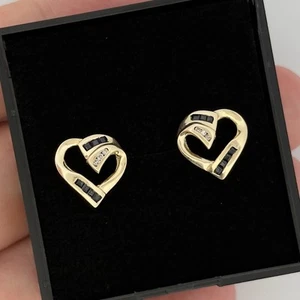 9ct Yellow Gold Sapphire & Diamond Cluster Heart Stud Earrings Hallmarked - Picture 1 of 7