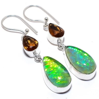 Triplet Fire Opal, Smokey Gemstone 925 Sterling Silver Jewelry Earring 2.2" - Image 1 of 4