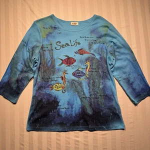 Cactus Bay Shirt Damen Large 3/4 Arm Sea Life Fisch Strass Made in USA - Bild 1 von 12