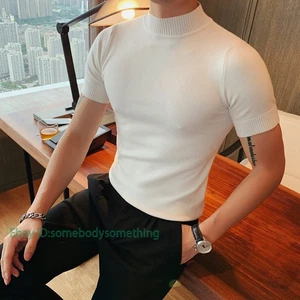 Hombres Camiseta Top Tejido Ajustado Jersey Básico Manga Corta Camiseta Suéter Cuello Simulado Ajuste - Imagen 1 de 22
