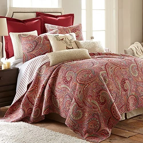 Levtex L40803LKS Home Spruce Red King Quilt Set w Two Pillow Shams Paisley Red