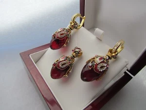 GARNET EARRINGS PENDANT SET HANDMADE RUSSIAN SOLID STERLING SILVER 925 24K GOLD - Picture 1 of 6