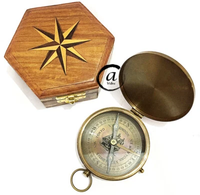 HANDMADE SOLID BRASS COMPASS WORKING NEEDLE MAGNET WOOD DECOR HOME Valentine - Image 1 of 4