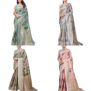 Elegante conjunto de sari de seda con estampado artístico para mujer - Imagen 1 de 33