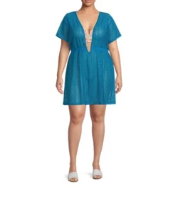 Time & Tru Women's Swimsuit Coverup Size LARGE 12-14 BLUE NWT Crochet w/ O-Ring - Picture 1 of 2