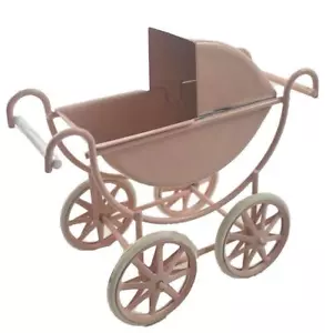 Dolls House Pink Baby Pram Metal Old Fashioned Nursery Furniture 1:12 Scale - Picture 1 of 8