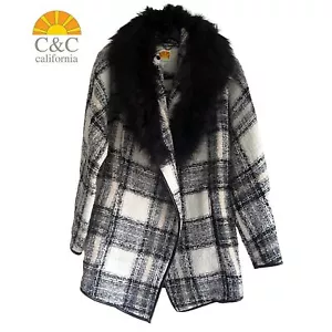 C&C California NEW Plaid Fur Neck Faux Leather Trim Open Front Coat L - Picture 1 of 12