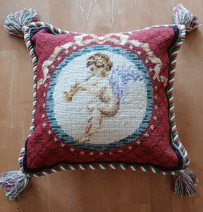 Peking Handicraft Suzanne Nicoll Red Cherub Angel Wool Hook Pillow With Tassels - Picture 1 of 4