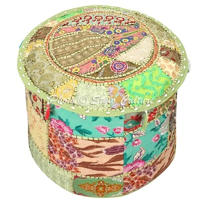 Patchwork Pouf Ottoman Foot Stool Round Decor Poof Bed Room Floor Pillow 22 in - Image 1 of 4