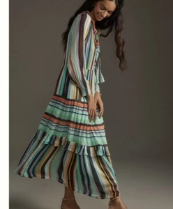 Anthropologie Marais Printed Chiffon Maxi Dress Turquoise Stripe Size XL NWT - Picture 1 of 4