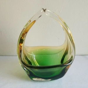 Murano Glass Basket Green Amber Ombre Streched Handle Bowl MCM Hand Blown Solid - Picture 1 of 12
