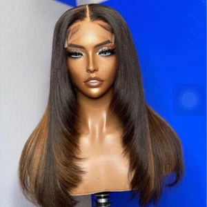 Highlight Light Yaki Layered Cut 5.5x4.5 PU Silk Base Closure Wig Human Hair 4X4 - Picture 1 of 12