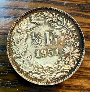 1951-B Switzerland Silver 1/2 Franc Choice Uncirculated Great Antique Patina CHN - Picture 1 of 2