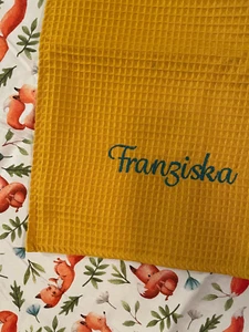 Babydecke aus Waffelpiqué und Popeline personalisiert "Franziska" gelb Füchschen - Bild 1 von 7