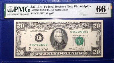 1974 $20 Federal Reserve Note Fr-2071-C Philadelphia PMG66EPQ Gem - Image 1 of 2