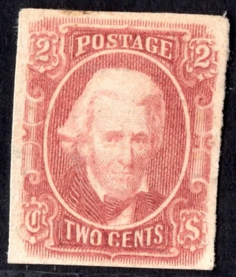 US 1863 CIVIL WAR CONFEDERATE STAMP ANDREW JACKSON SC. #8a 4 MARGIN IMPERF MH - Image 1 of 2