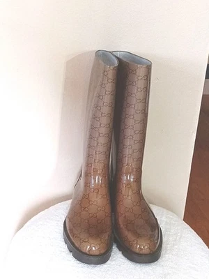 Gucci Brown GG Edinburgh Rubber Rain Boots 39 US 9 - Image 1 of 4