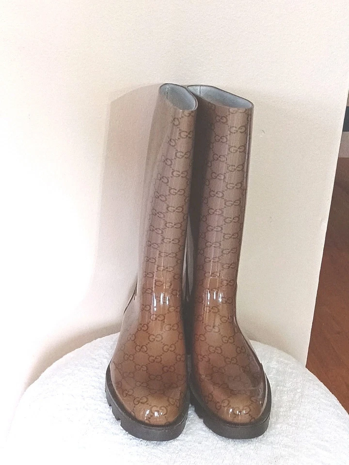 Gucci Brown GG Edinburgh Rubber Rain Boots 39 US 9 - Image 1 of 4