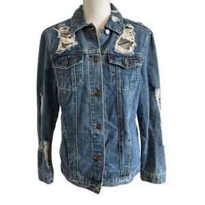 Boom Boom Jeans Denim Jacket Size Small Blue Mesh Insets Distressed Boho Gypsy - Picture 1 of 12